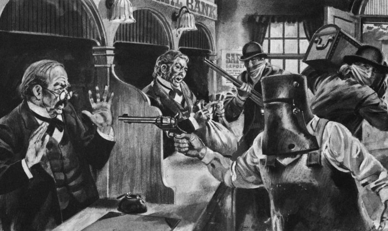 Ned Kelly invadindo um banco (litho) de English School