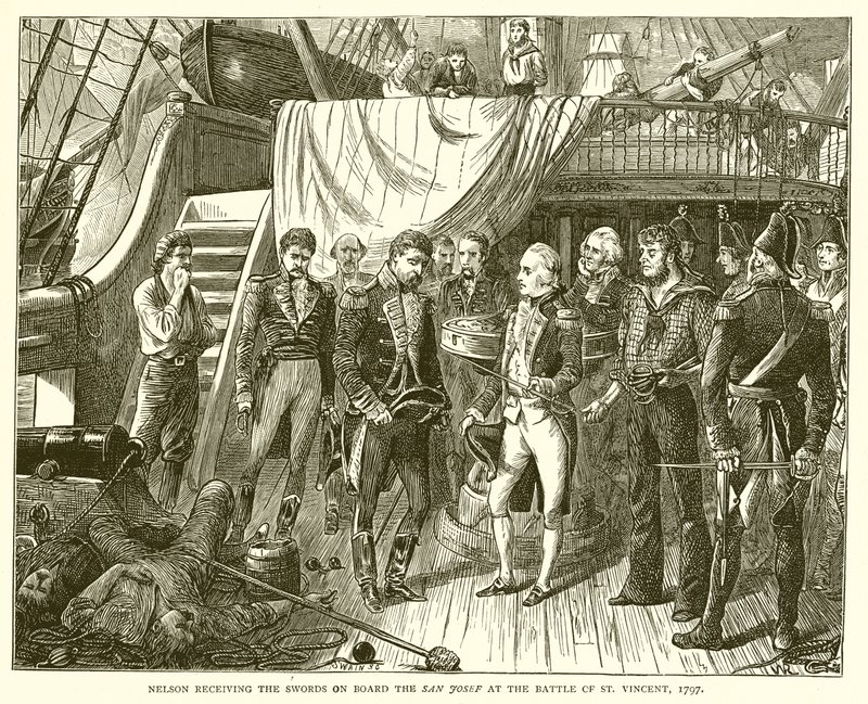 Nelson recebendo as espadas a bordo do San Josef na Batalha de São Vicente, 1797 de English School