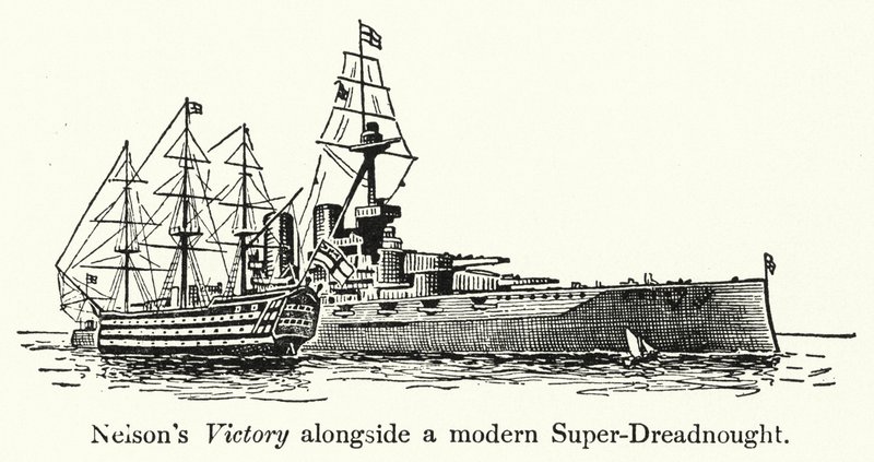 A vitória de Nelson ao lado de um Super-Dreadnought moderno de English School