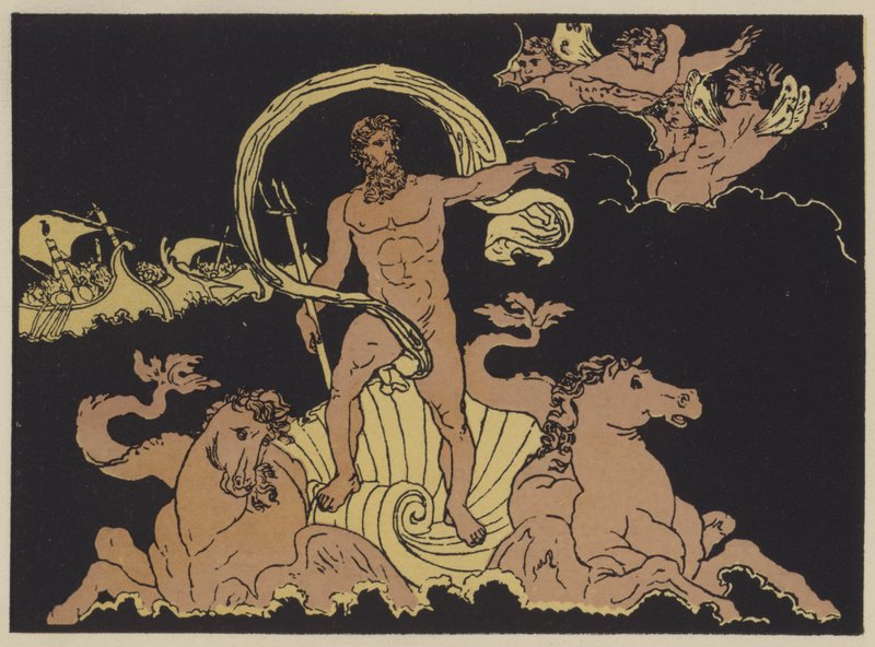 Netuno acalmando as ondas (lito colorido) de English School