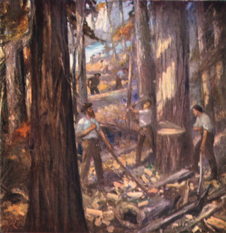 New Brunswick, William Davidson, o primeiro madeireiro do Canadá, a cortar mastros para a marinha britânica (litografia a cores) de English School