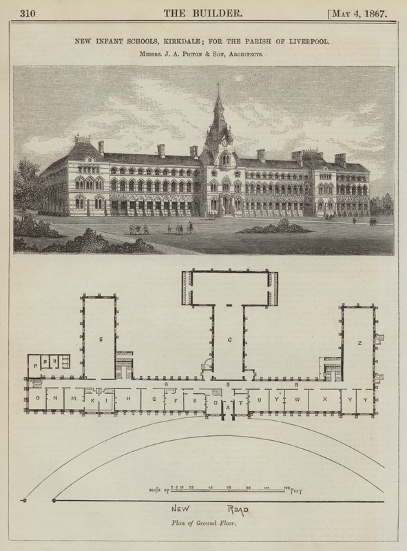 Escolas Infantis Novas, Kirkdale; para a Paróquia de Liverpool, os Senhores J A Picton e Filho, Arquitectos (gravura) de English School