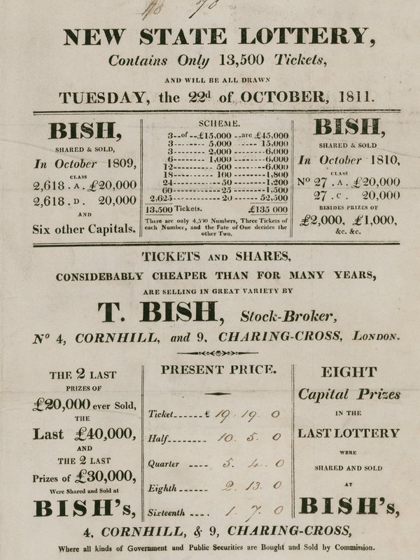 New State Lottery, administrada por T. Bish, corretor da bolsa, 4 Cornhill e 9 Charing Cross, Londres de English School