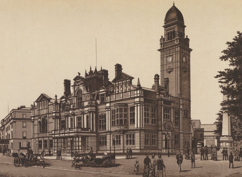 New Town Hall, Leamington (litografia) de English School