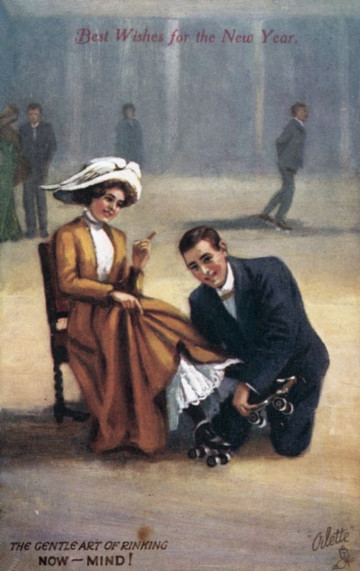 Cartão de Ano Novo com patinadores (cor litho) de English School