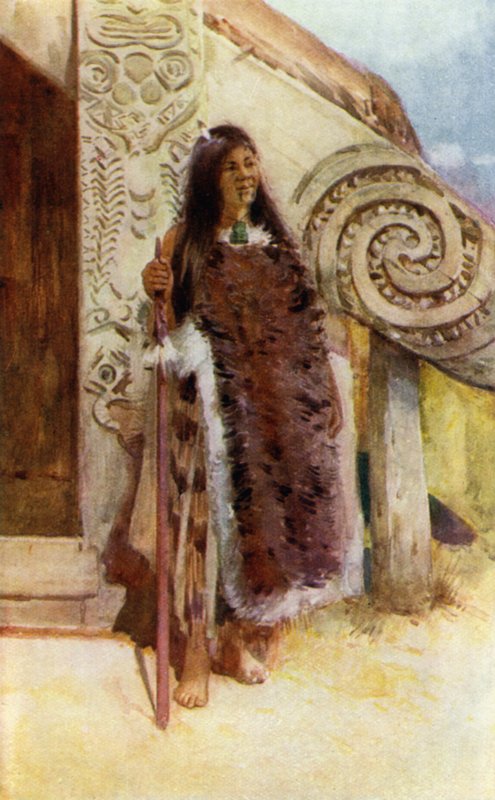 Nova Zelândia: Uma chefe Maori (litografia a cores) de English School