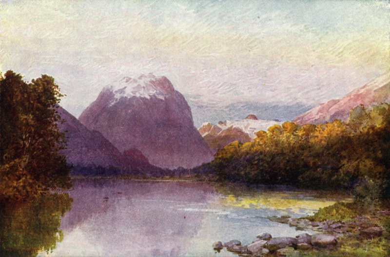 Nova Zelândia: Na cabeceira do lago Te Anau (litografia a cores) de English School