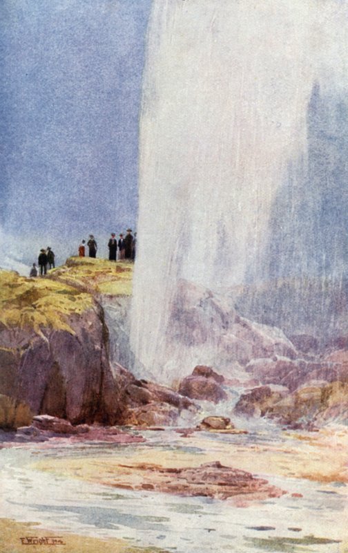 Nova Zelândia: Géiser de Wairoa (litografia a cores) de English School