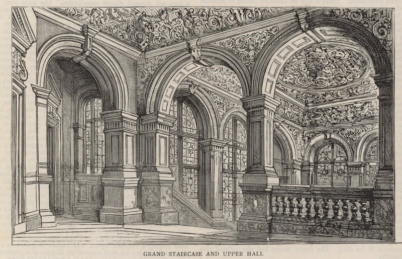 Novo edifício do Constitutional Club em Northumberland Avenue: Grande escadaria e hall superior de English School