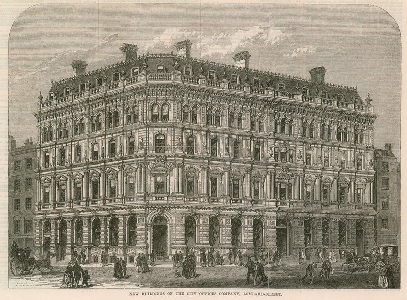 Novos edifícios da City Offices Company, Lombard Street, Londres de English School