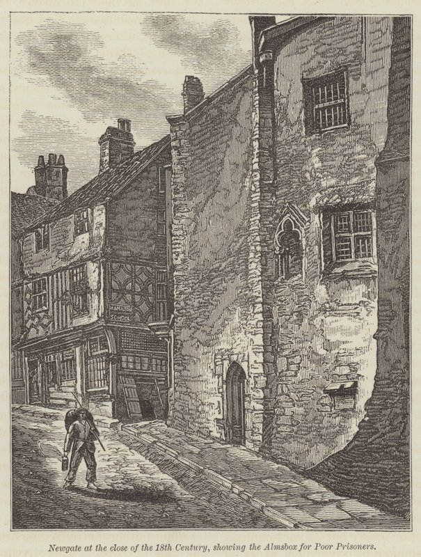 Newgate no final do século XVIII, mostrando a caixa de esmolas para prisioneiros pobres (gravura) de English School
