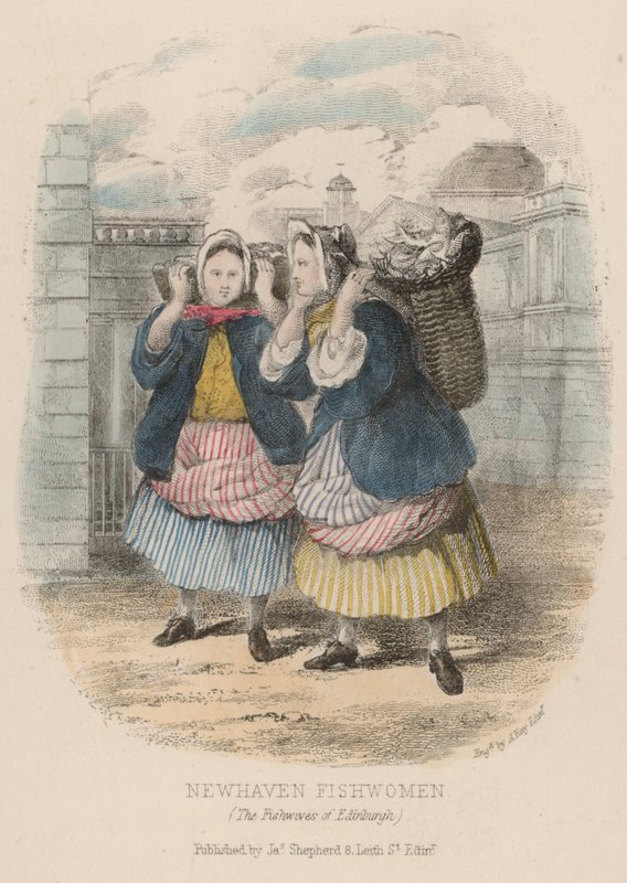 Newhaven fishhwomen, Edimburgo (gravura colorida) de English School