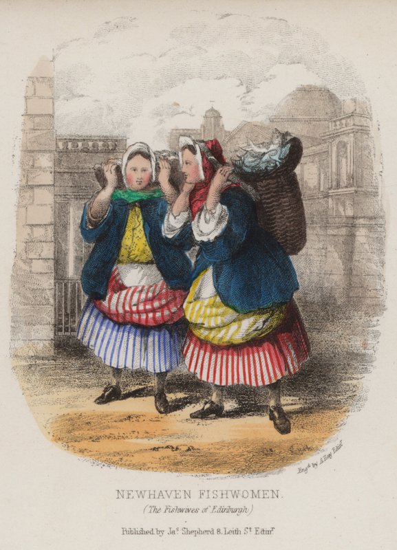 Newhaven fishhwomen, Edimburgo (gravura colorida) de English School