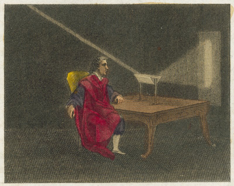 Newton descobrindo a natureza da luz (gravura colorida) de English School