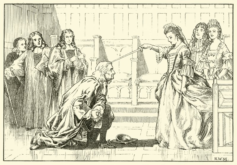 Newton é condecorado por Queen Anne (tinta no papel) de English School