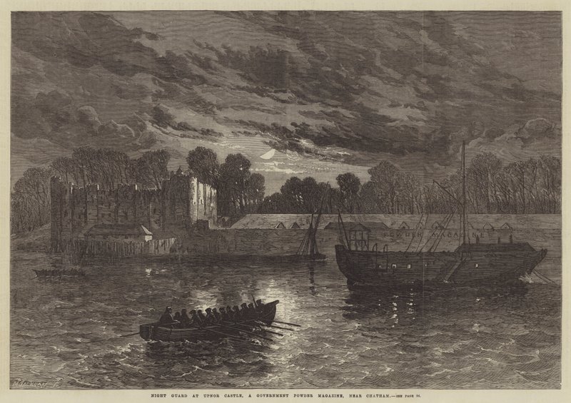 Guarda Nocturna no Castelo de Upnor, uma revista governamental em pó, perto de Chatham (gravura) de English School