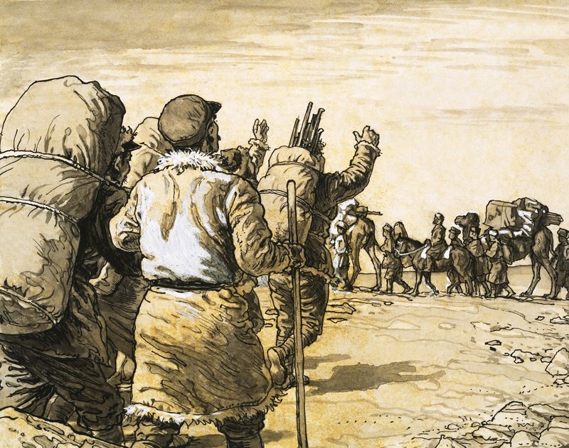 Nikolai Prjevalsky viaja pelo deserto de Gobi e encontra um comboio de camelos de English School