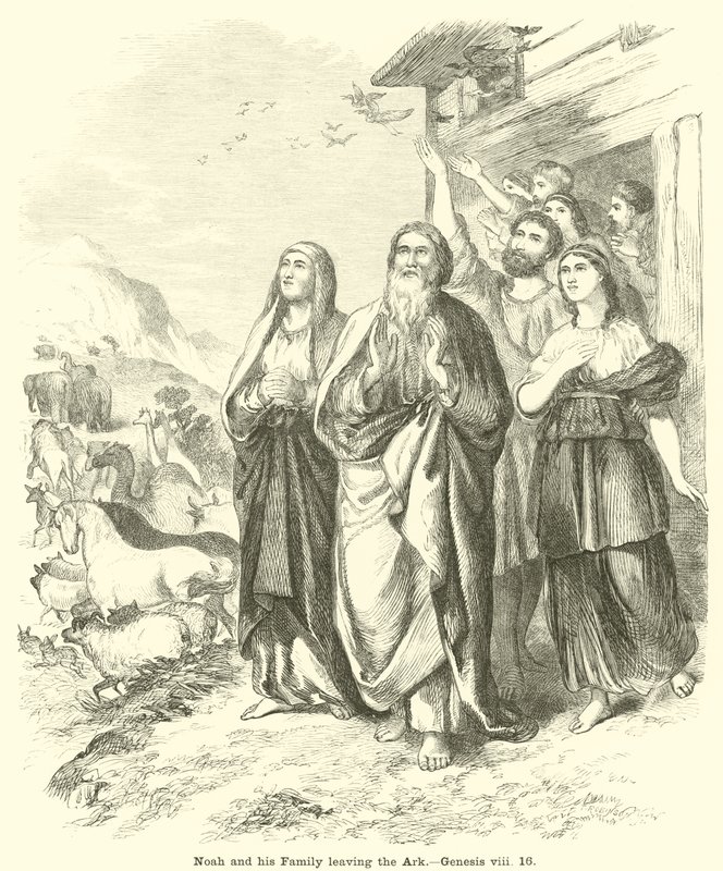 Noé e sua família deixando a arca, Gênesis, viii, 16 de English School