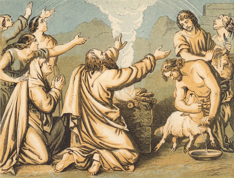 Sacrifício de Noé (gravura colorida) de English School