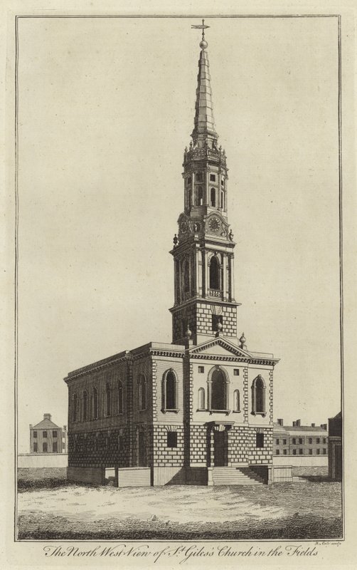Vista noroeste da Igreja de St Giles nos campos, Londres de English School