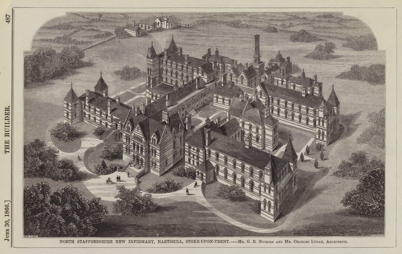 North Staffordshire New Infirmary, Hartshill, Stoke-upon-Trent, Mr G B Nichols e Mr Charles Lynam, Architects (gravura) de English School