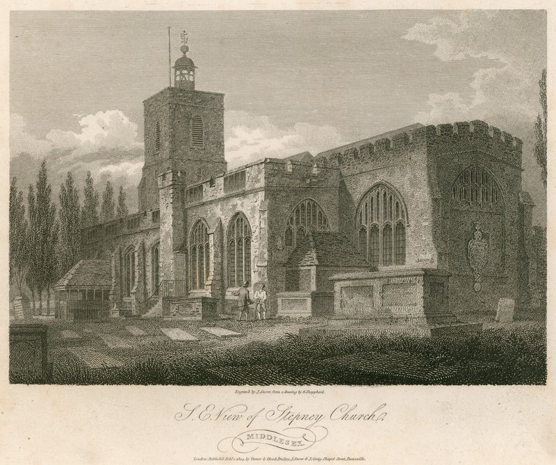 Vista nordeste da igreja de Stepney, Londres de English School