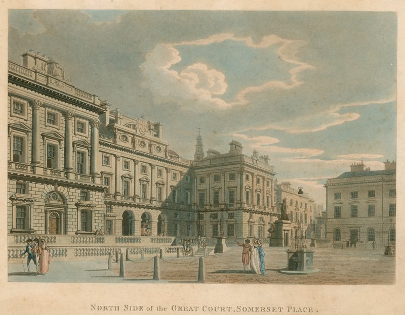 Lado norte do Grande Tribunal, Somerset Place (Somerset House), Strand, Londres de English School