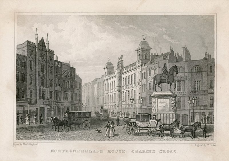 Casa de Northumberland, Charing Cross. Bishs Lottery Office, no 9 Charing Cross, fica ao lado do Golden Cross Hotel de English School