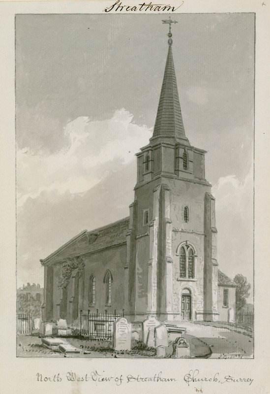 Vista Noroeste da Igreja de Streatham, Surrey (wc no papel) de English School