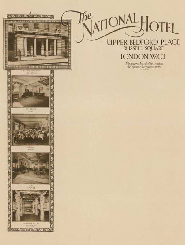 Papel timbrado do National Hotel, Upper Bedford Place, Praça Russell de English School
