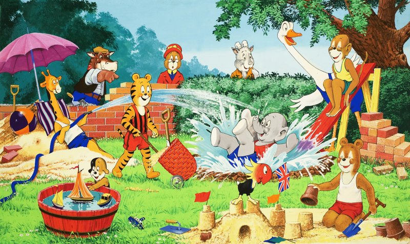 Animais de viveiro brincando no jardim de English School