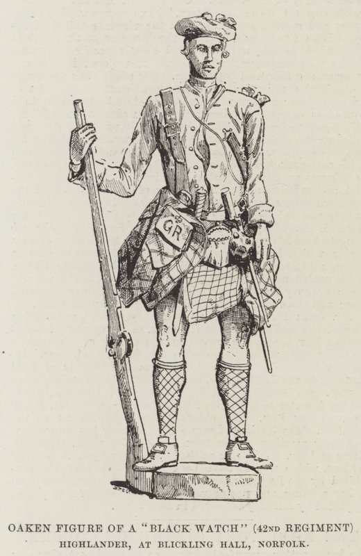 Figura de Carvalho de um "Black Watch" (42º Regimento) Highlander, em Blickling Hall, Norfolk (gravura) de English School