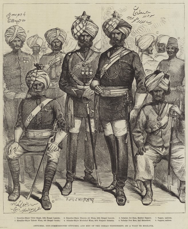 Oficiais, Oficiais Não-Comissionados e Homens do Contingente Indiano, em Visita à Inglaterra (gravura) de English School