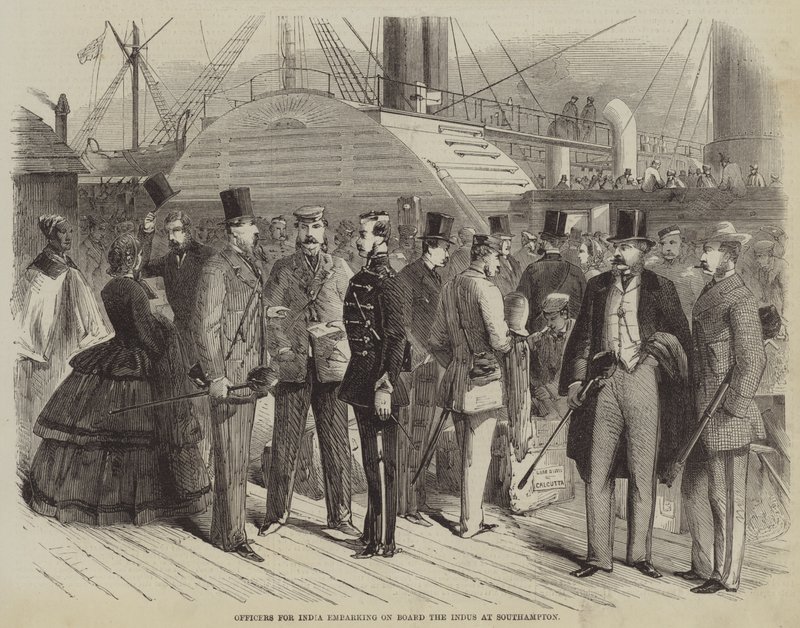 Oficiais para a Índia embarcando a bordo do Indus em Southampton (gravura) de English School