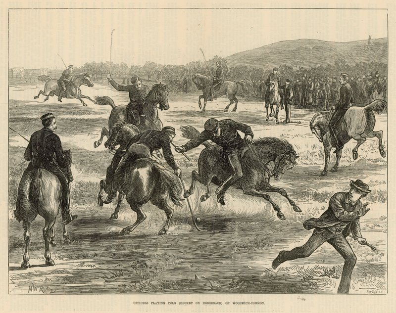 Policiais jogando polo (hóquei a cavalo) no Woolwich Common de English School
