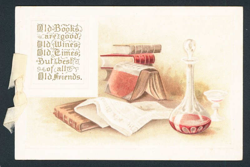 Livros velhos e garrafa do vinho, cartão de Natal de English School
