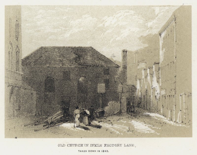 Antiga Igreja em Inkle Factory Lane, tirada em 1845 (gravura) de English School