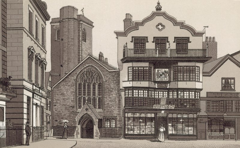 Casas antigas no pátio da catedral (litografia) de English School