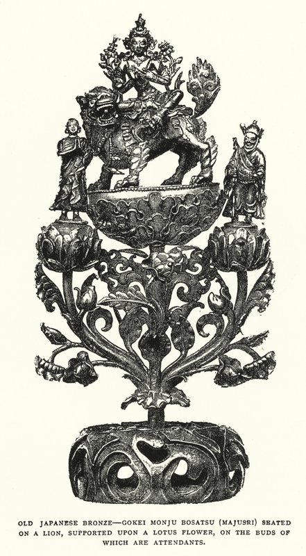 Velho Bronze Japonês, Gokei Monju Bosatsu (Majusri) Sentado em um Leão, Apoiado em uma Flor de Lótus, sobre os Buds de Que São Atendentes (litho) de English School
