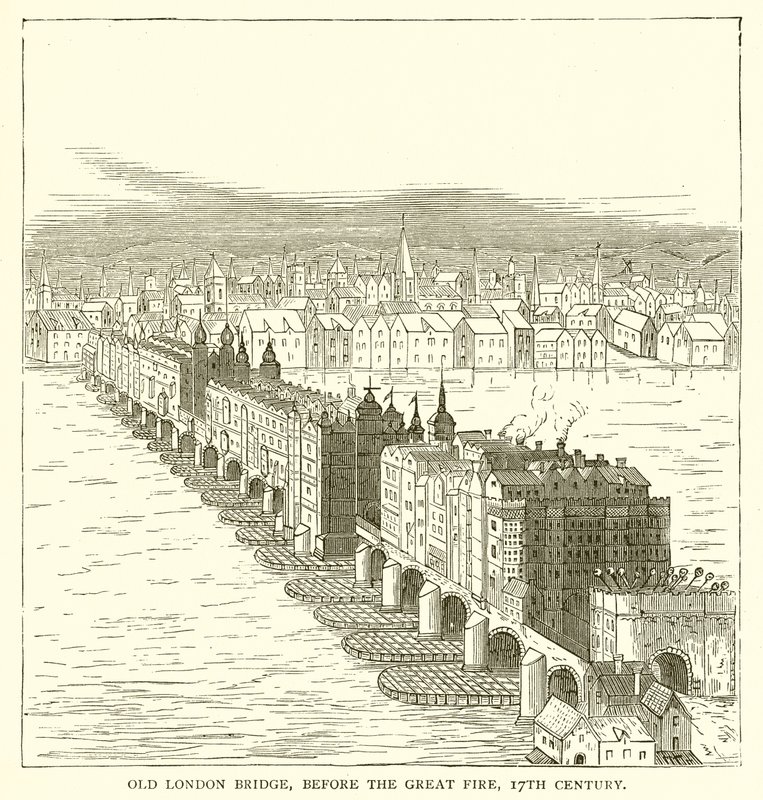 Antiga ponte de Londres, antes do grande incêndio, do século XVII de English School