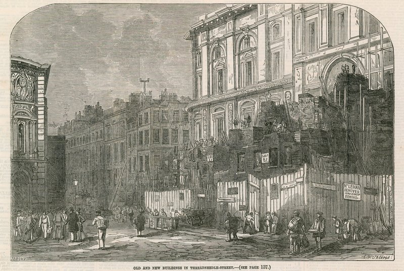 Edifícios antigos e novos em Threadneedle Street, Londres de English School