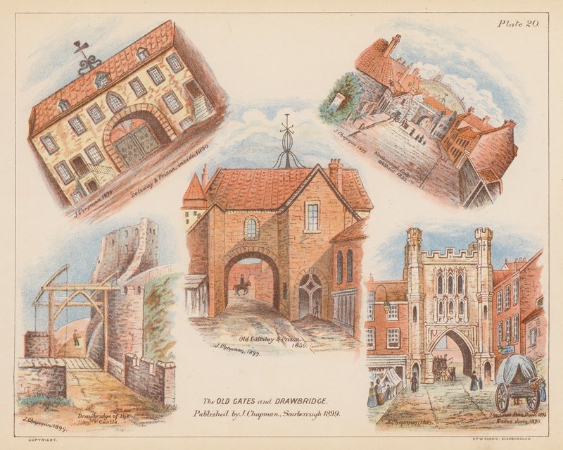 Portões antigos e ponte levadiça, Scarborough (litografia a cores) de English School