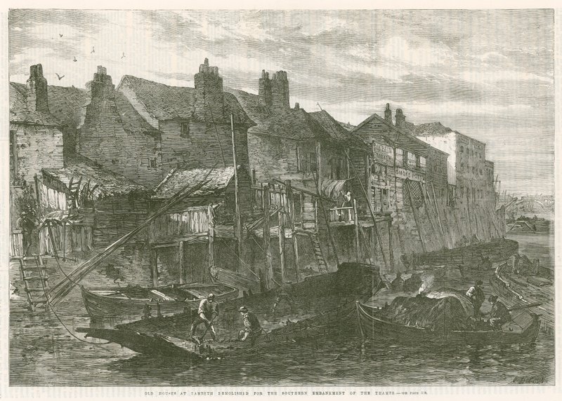 Casas antigas em Lambeth demoliram para o aterro sul do rio Tâmisa de English School