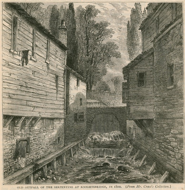 Antigo emissário da Serpentine em Knightsbridge em 1800 de English School