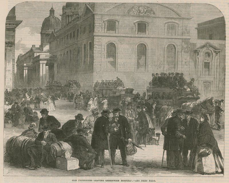 Aposentados velhos saindo do hospital de Greenwich de English School