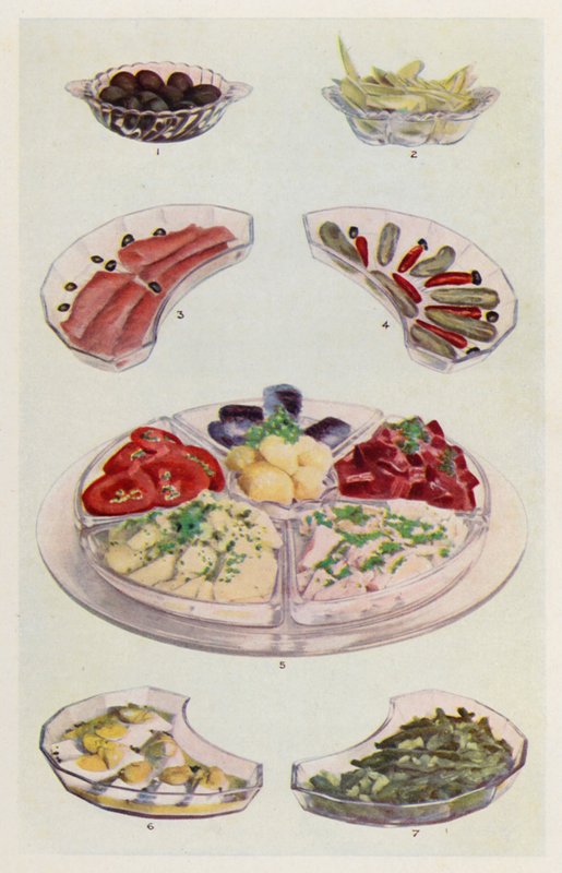 Azeitonas; Chicória temperada; Salmão fumado; Pepino e Chillie; Manteiga, rodelas de tomate, salada de batata, atum, beterraba, sardinhas; maionese de ovos; salada de feijão (litografia a cores) de English School