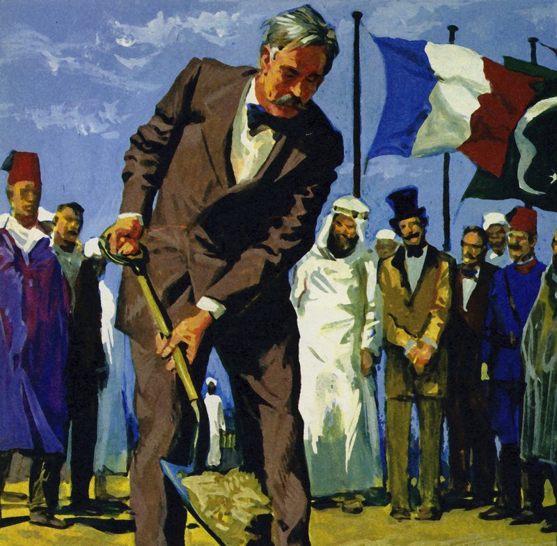 Em 25 de abril de 1859, de Lesseps revirou a primeira sujeira do canal de Suez de English School