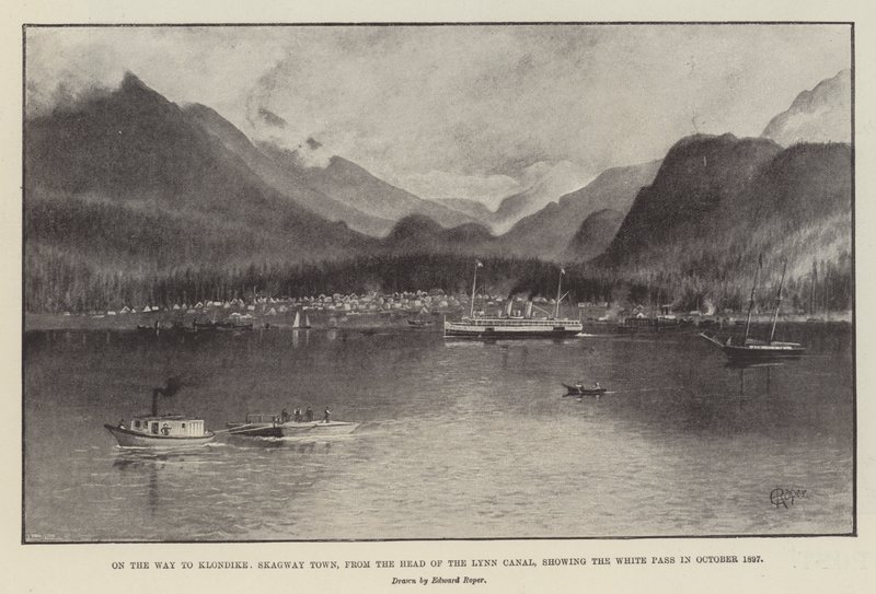 A Caminho de Klondike, Skagway Town, da Cabeça do Canal de Lynn, mostrando o White Pass em outubro de 1897 (litho) de English School