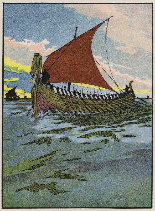 Um dos navios de guerra de Alfredo, o Grande (litografia a cores) de English School