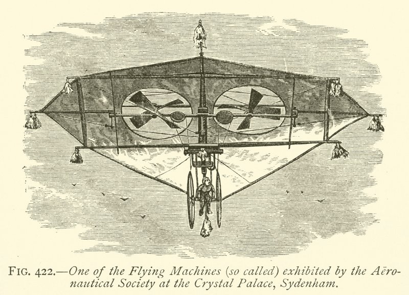 Uma das máquinas voadoras (assim chamadas) exibidas pela Sociedade Aeronáutica no Palácio de Cristal, Sydenham (gravura) de English School